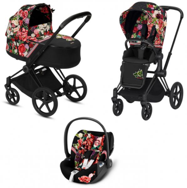 Коляска 3 в 1 Cybex Priam III Spring Blossom шасси Matt Black, Dark (Темный)