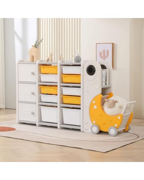Стеллаж для игрушек UNIX Kids Moon 13 (3 полки + 10 ящиков) желтый/белый
