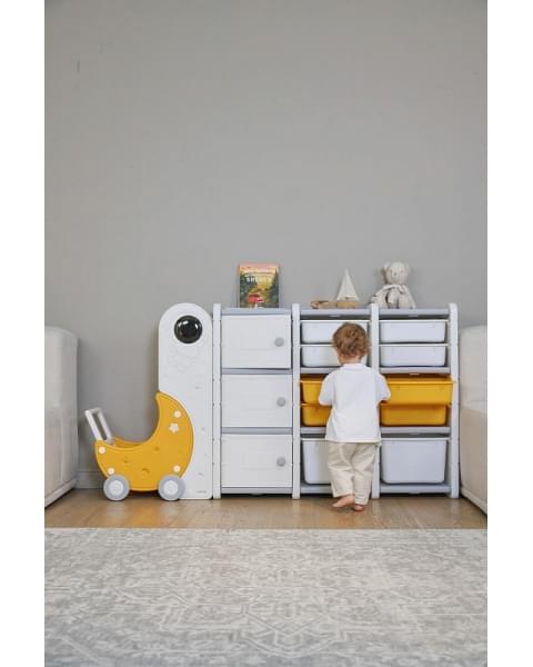 Стеллаж для игрушек UNIX Kids Moon 13 (3 полки + 10 ящиков) желтый/белый