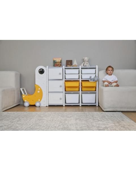 Стеллаж для игрушек UNIX Kids Moon 13 (3 полки + 10 ящиков) желтый/белый