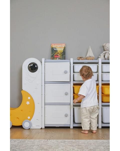 Стеллаж для игрушек UNIX Kids Moon 13 (3 полки + 10 ящиков) желтый/белый