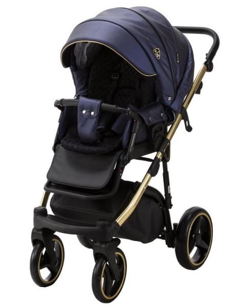 Детская коляска Adamex Cortina Deluxe 3 в 1 CT336 (Т.СИН. КОЖА+ЗОЛОТО.ОТДЕЛКА+ ЗОЛОТ. РАМА)