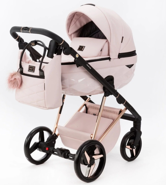Детская коляска Adamex Quantum Superstar Deluxe 2 в 1 Q-STAR134-K (СВ.РОЗОВ.КОЖА+РОЗОВ.ДНО+РОЗОВ.ЗОЛОТО РАМА)