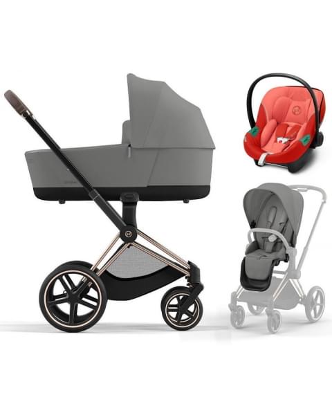 Коляска 3 в 1 Cybex Priam IV Rosegold и автокресло Aton S2 i-Size с базой Base One Mirage Grey/Hibiscus Red