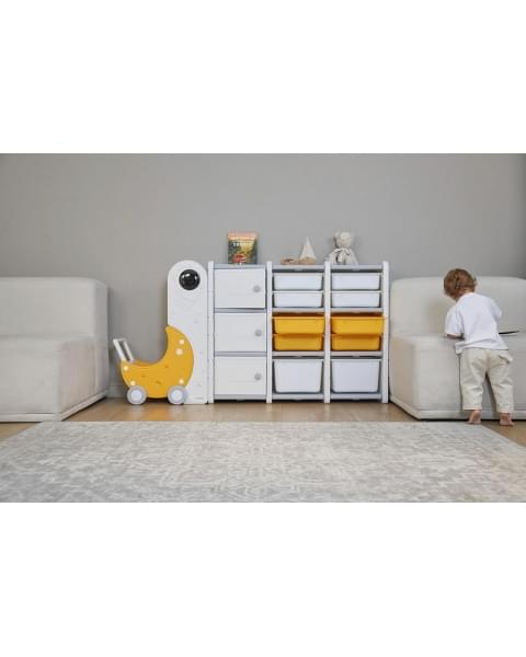 Стеллаж для игрушек UNIX Kids Moon 13 (3 полки + 10 ящиков) желтый/белый