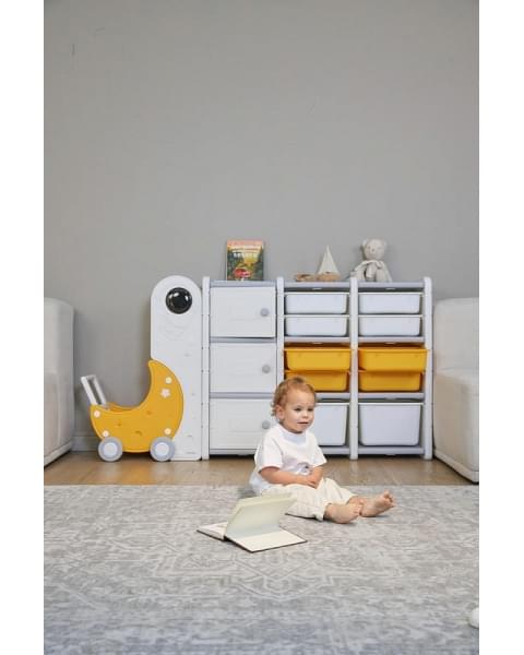 Стеллаж для игрушек UNIX Kids Moon 13 (3 полки + 10 ящиков) желтый/белый