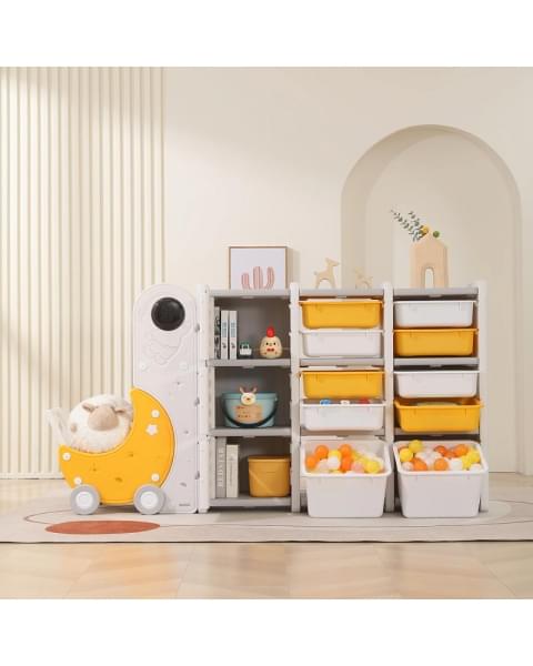 Стеллаж для игрушек UNIX Kids Moon 13 (3 полки + 10 ящиков) желтый/белый