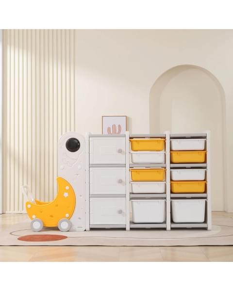 Стеллаж для игрушек UNIX Kids Moon 13 (3 полки + 10 ящиков) желтый/белый