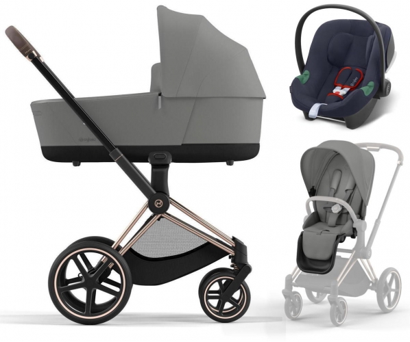 Коляска 3 в 1 Cybex Priam IV Rosegold и автокресло Aton B2 i-Size Mirage Grey/Bay Blue